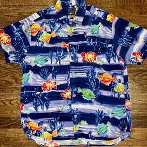 VTG 90s Jams World Hawaiian Shirt Mens M All Over Fish Beach Surf Rayon USA